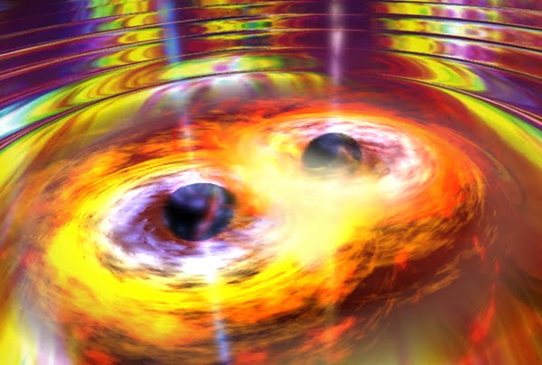 Artist's impression of two orbiting black holes generating gravitational waves